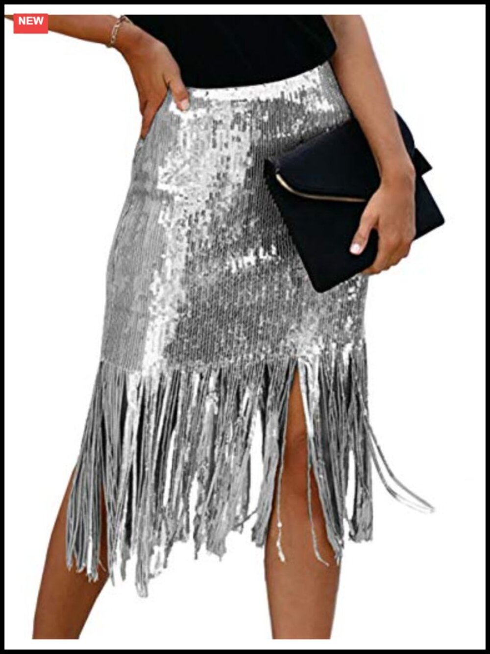 Elegant Sequin Tassel High Waisted Slim Fit Midi Skirt for Office Party